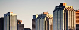 Halifax downtown skyline with modern glass office towers at sunset
