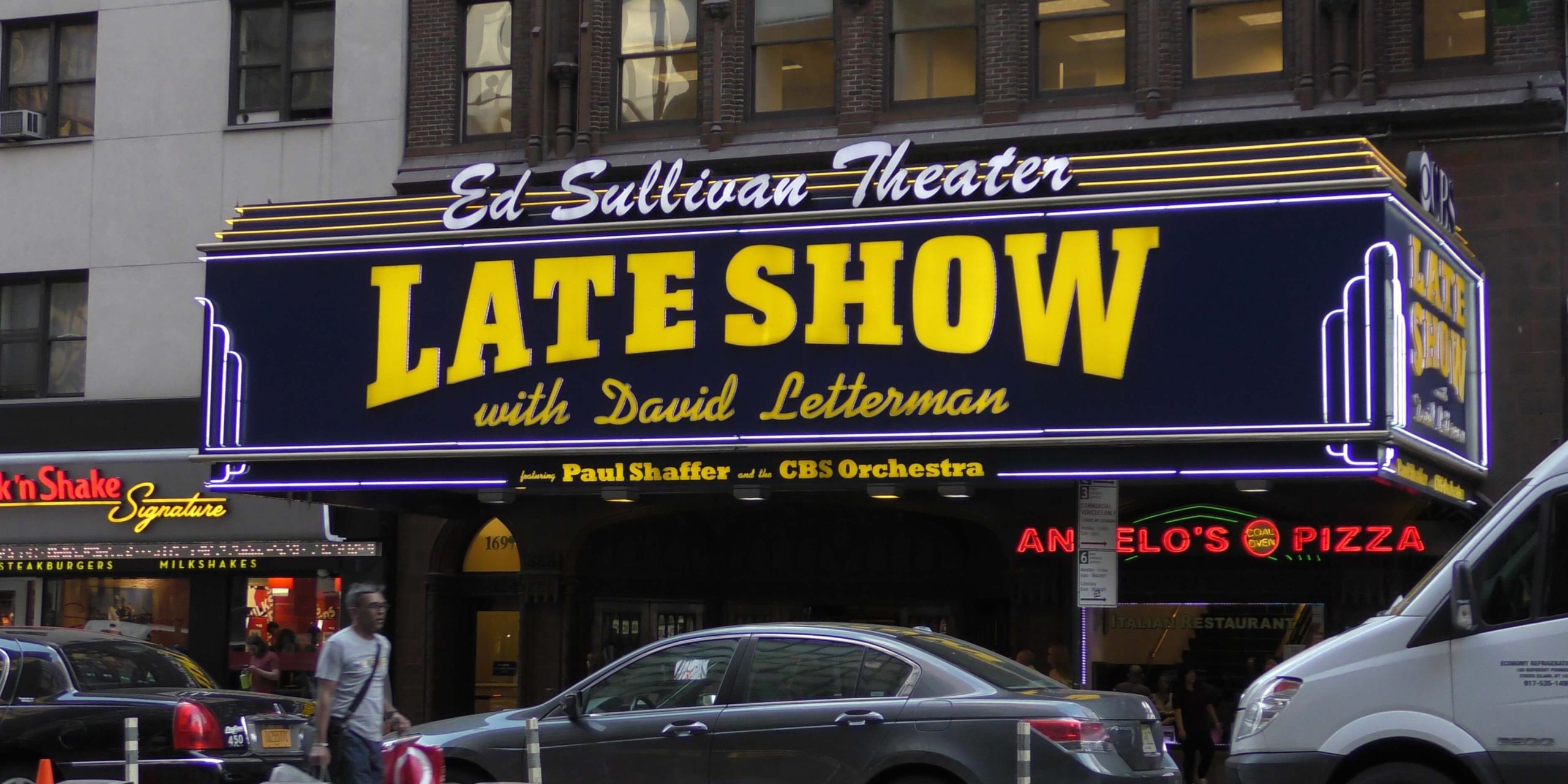 The marquee of the Late Show with David Letterman, highlighting Barbara Blackburn's famous typing speed appearance.