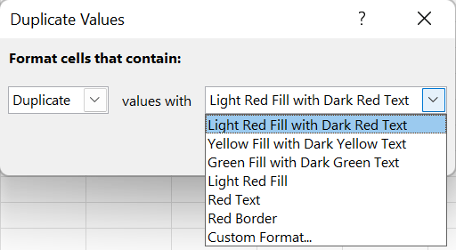 choose format style for duplicate values excel