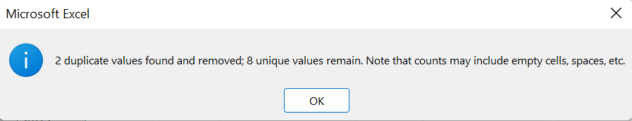 duplicate values removed message