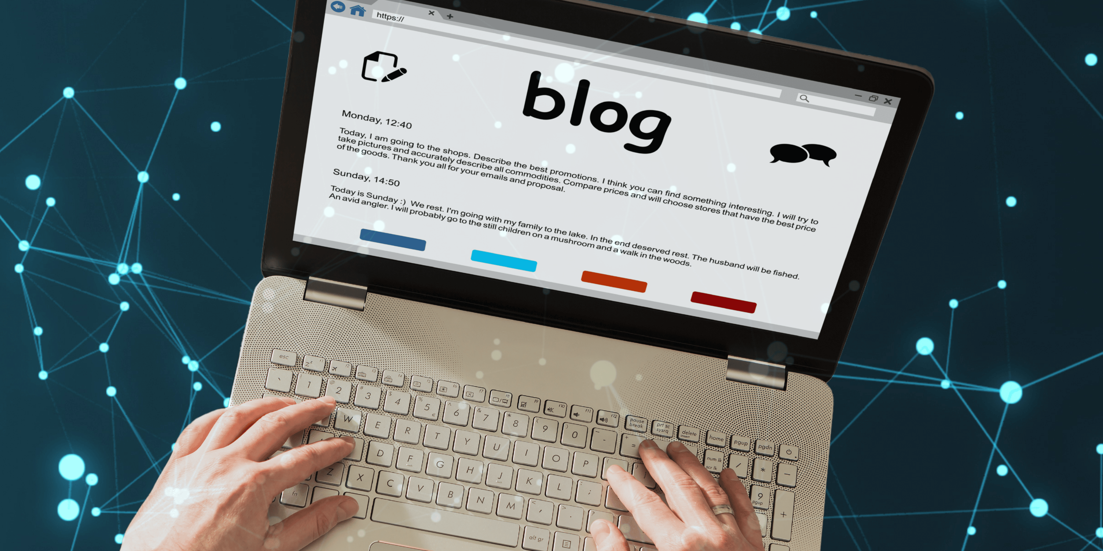 Hands typing on a laptop displaying a personal blog