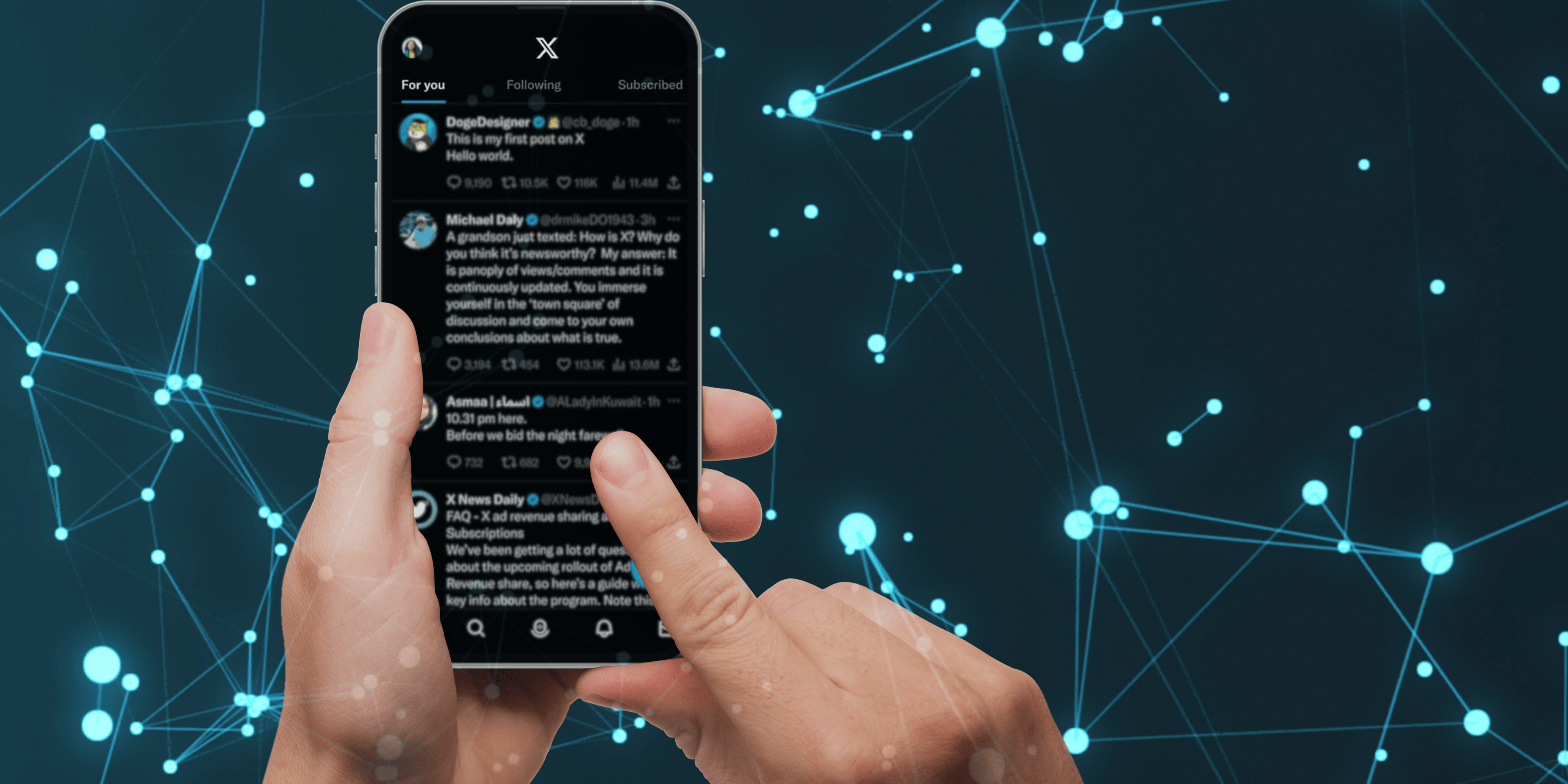 Mobile phone screen showing X social media app, emphasizing digital engagement and real-time updates
