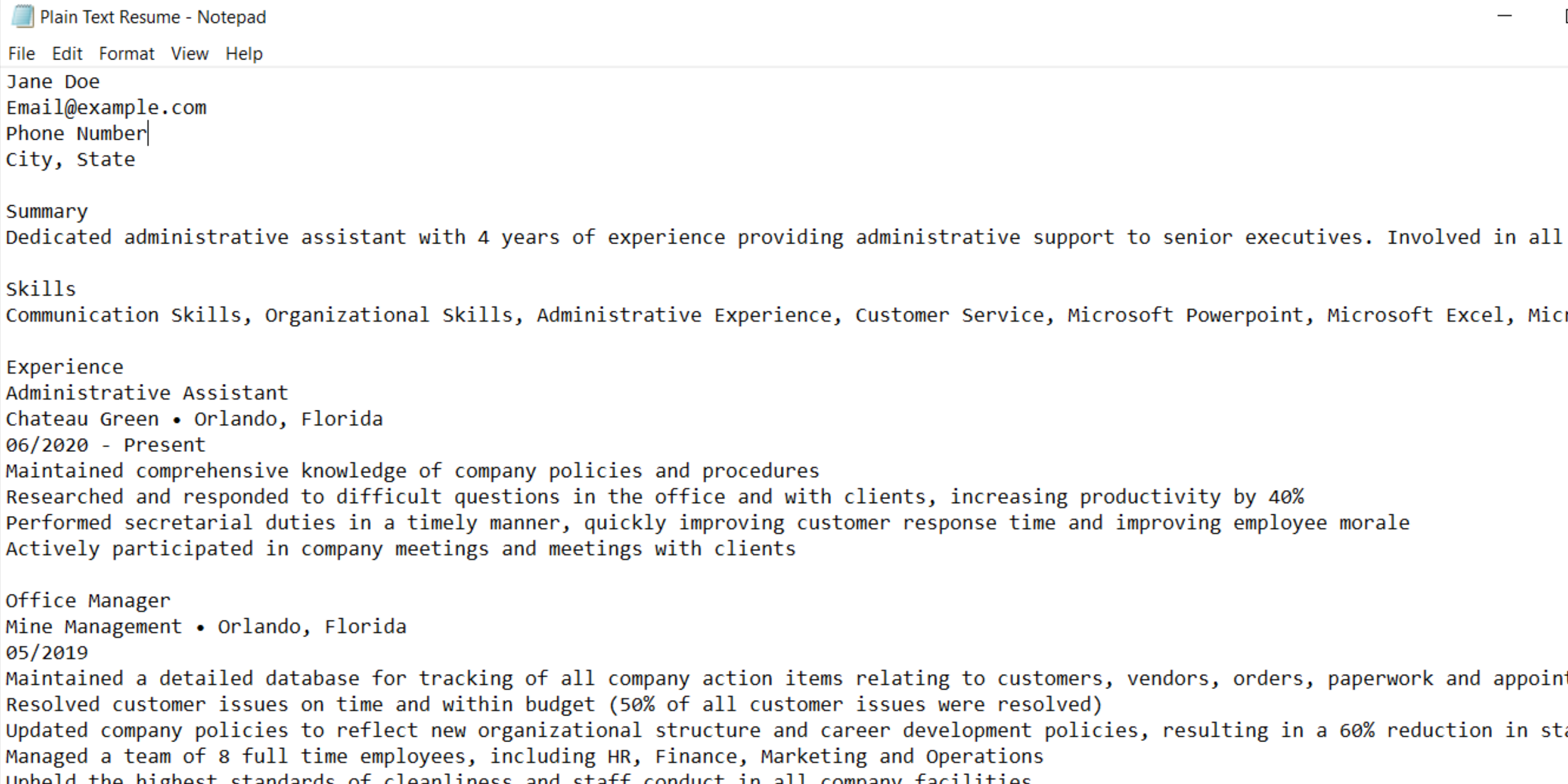 Example of a plain text résumé for ATS compatibility