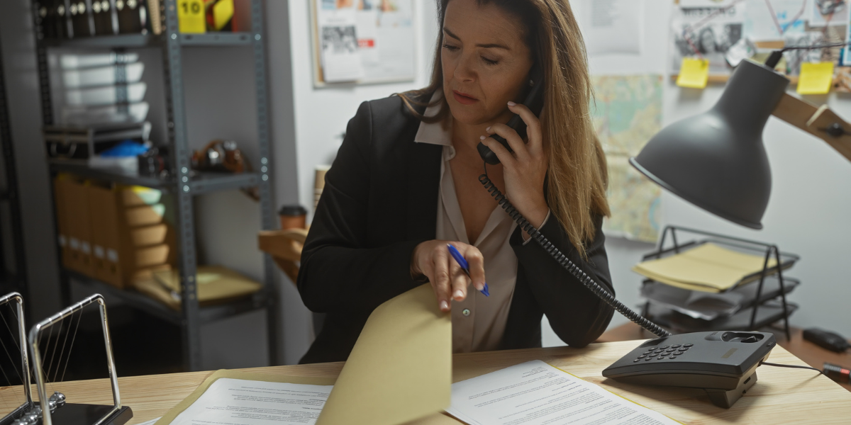 Legal assistant handling client calls while taking notes on legal pad, showing daily administrative tasks law clerks perform in legal offices
