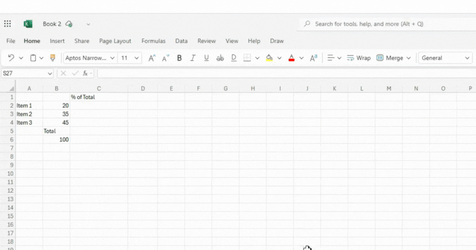 calculating percentage at end of table Excel showing absolute reference formula with dollar signs calculating percentage of each value against total at bottom
